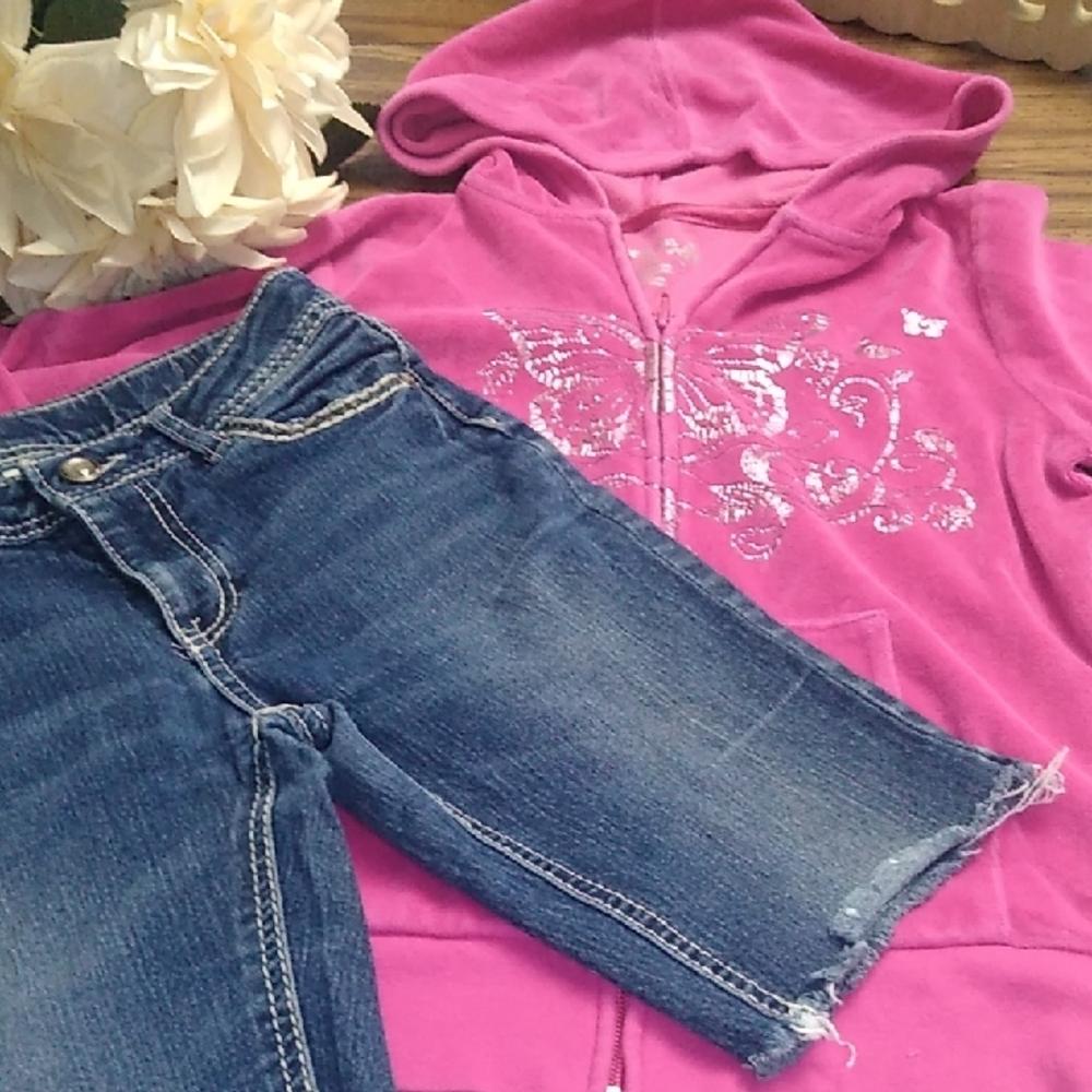 Vibrant Velour Pink Hoodie with Butterfly and Denim Shorts Girls Size 10/12